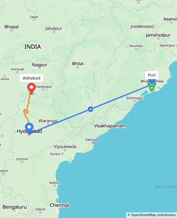 Route map showing distance and travel time from Puri, India to Adilabad, India
