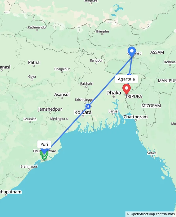 Route map showing distance and travel time from Puri, India to Agartala, India