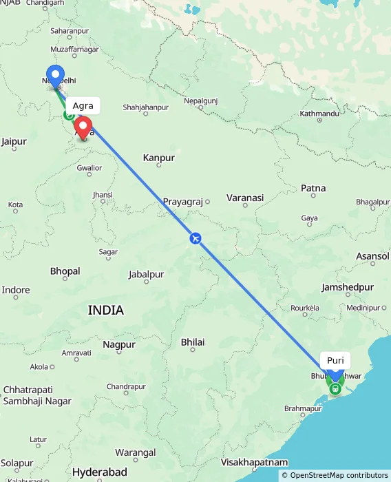 Route map showing distance and travel time from Puri, India to Agra, India