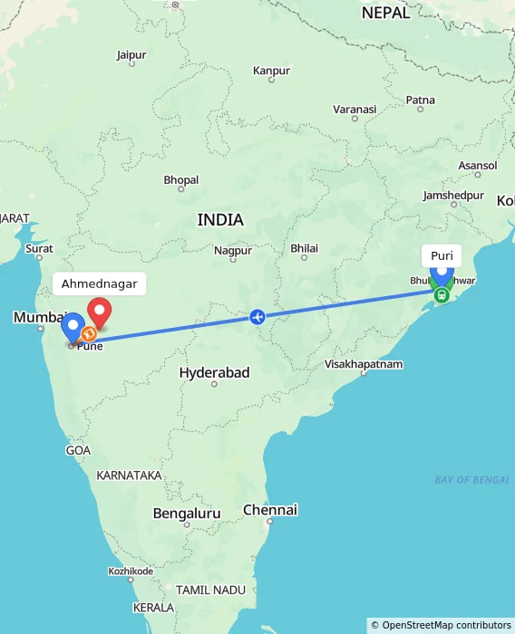 Route map showing distance and travel time from Puri, India to Ahmednagar, India