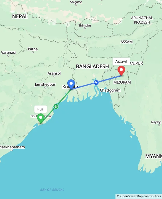 Route map showing distance and travel time from Puri, India to Aizawl, India