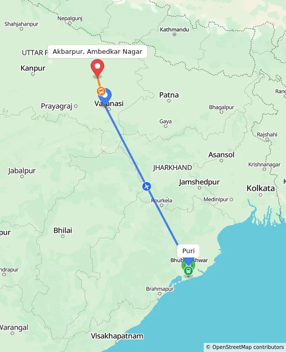 Route map showing distance and travel time from Puri, India to Akbarpur, Ambedkar Nagar, India