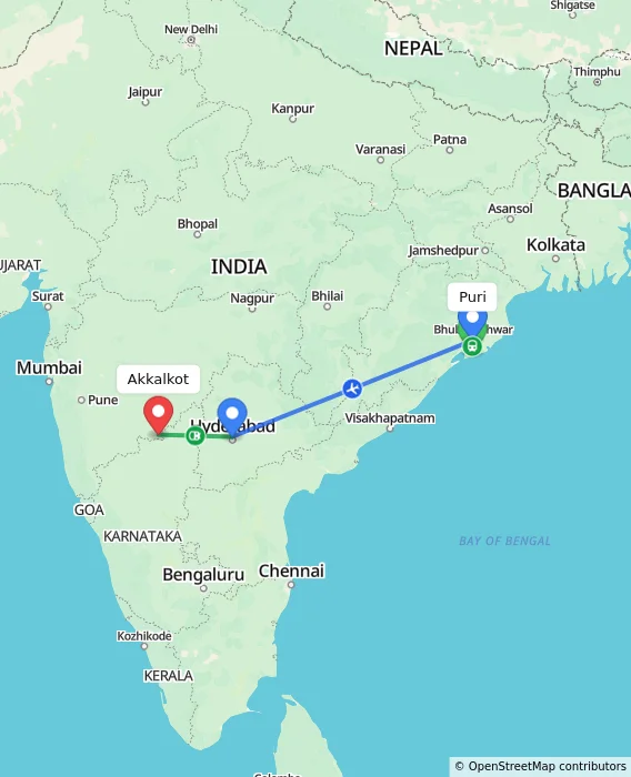 Route map showing distance and travel time from Puri, India to Akkalkot, India