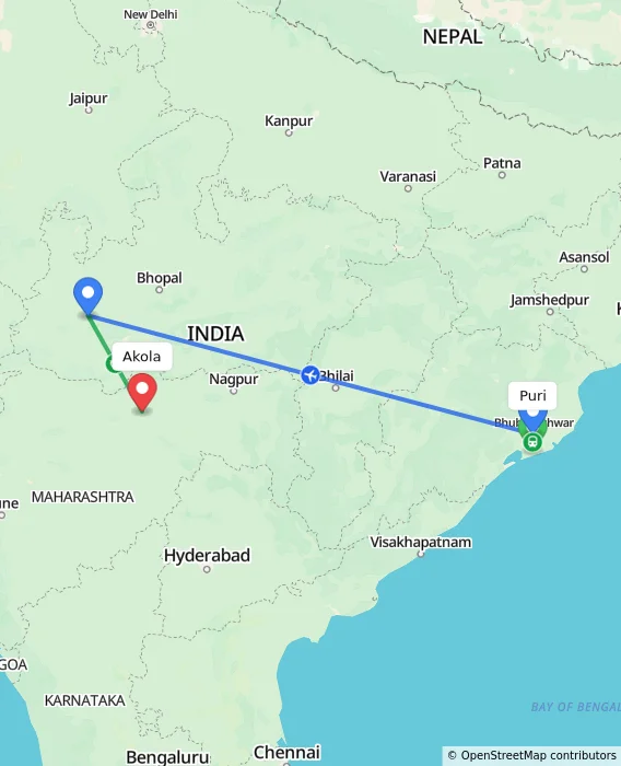 Route map showing distance and travel time from Puri, India to Akola, India