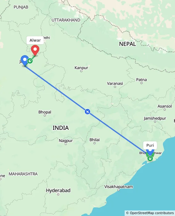 Route map showing distance and travel time from Puri, India to Alwar, India