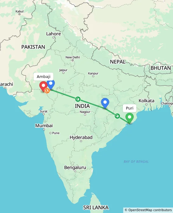 Route map showing distance and travel time from Puri, India to Ambaji, India