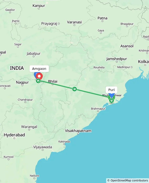 Route map showing distance and travel time from Puri, India to Amgaon, India