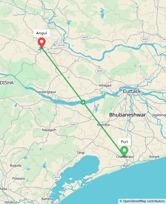 Route map showing distance and travel time from Puri, India to Angul, India