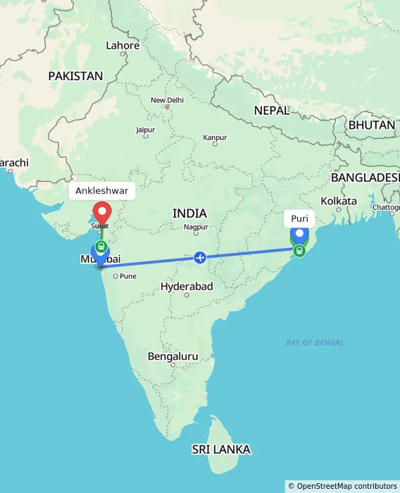 Route map showing distance and travel time from Puri, India to Ankleshwar, India