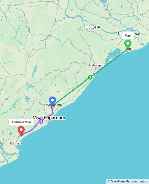 Route map showing distance and travel time from Puri, India to Annavaram, India