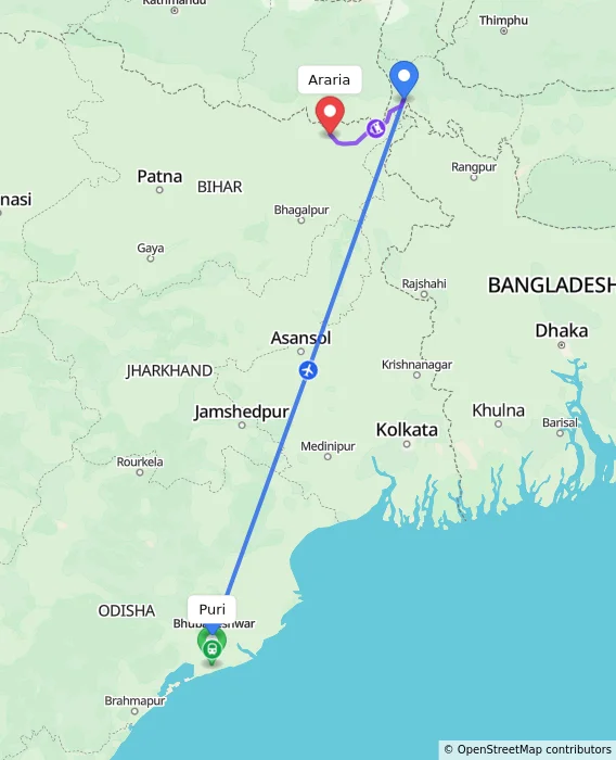 Route map showing distance and travel time from Puri, India to Araria, India