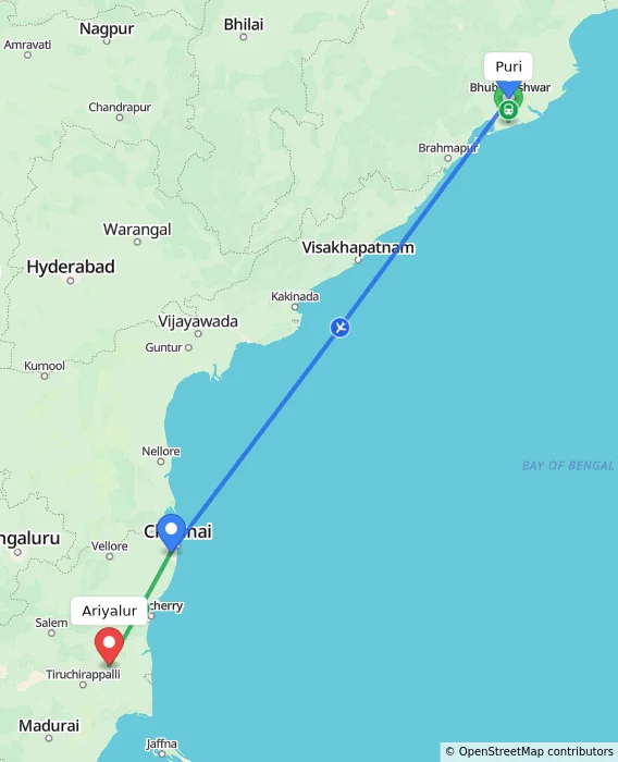 Route map showing distance and travel time from Puri, India to Ariyalur, India
