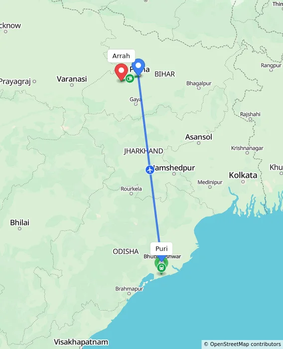 Route map showing distance and travel time from Puri, India to Arrah, India