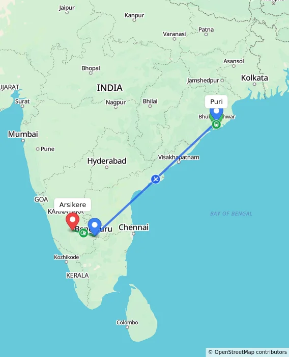Route map showing distance and travel time from Puri, India to Arsikere, India