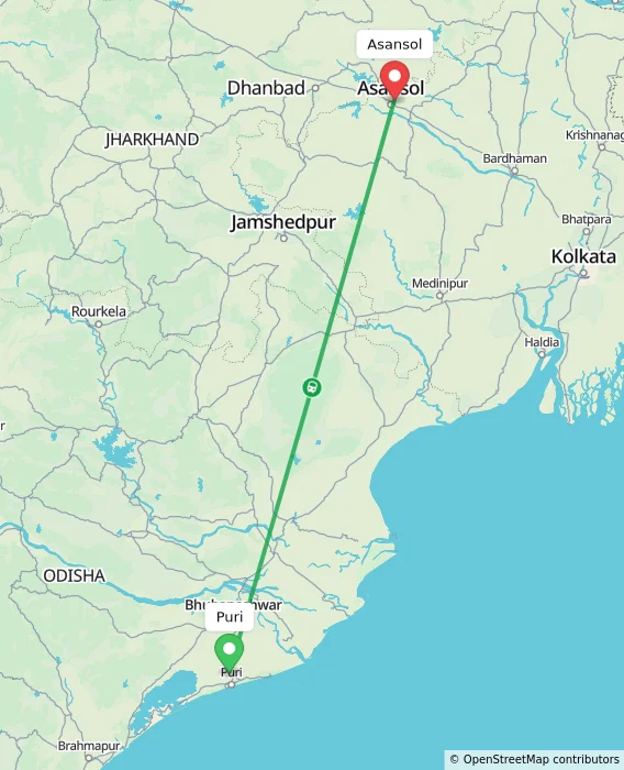 Route map showing distance and travel time from Puri, India to Asansol, India
