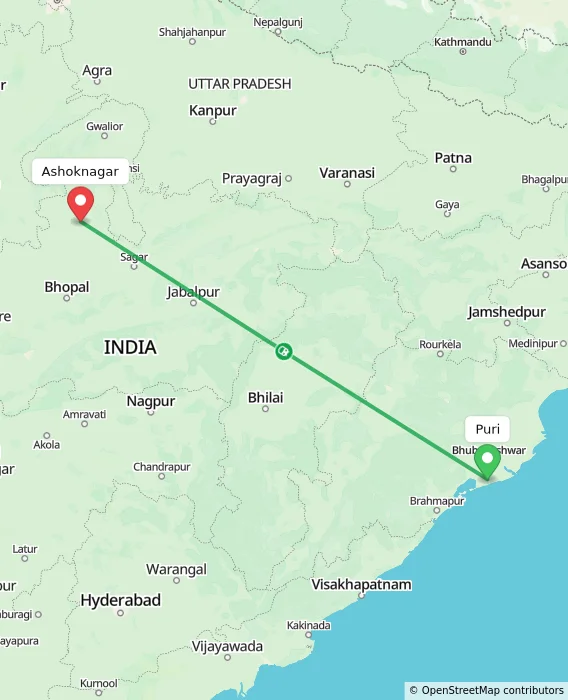 Route map showing distance and travel time from Puri, India to Ashoknagar, India