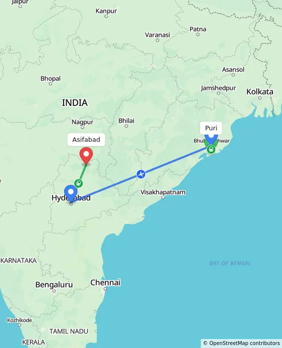 Route map showing distance and travel time from Puri, India to Asifabad, India