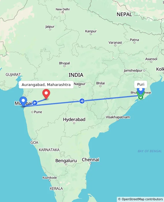Route map showing distance and travel time from Puri, India to Aurangabad, Maharashtra, India