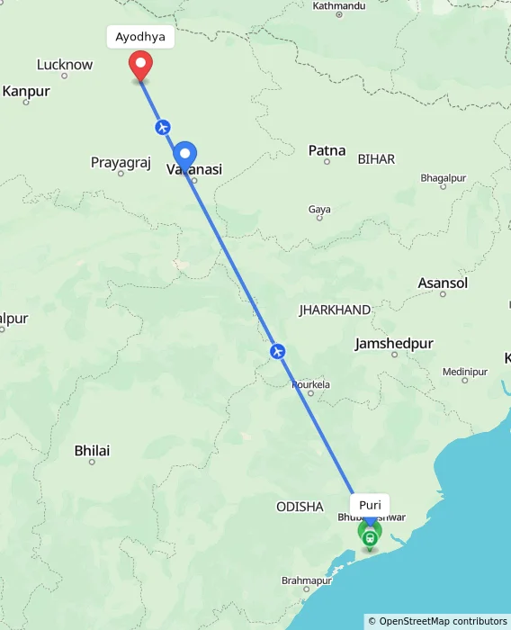 Route map showing distance and travel time from Puri, India to Ayodhya, India