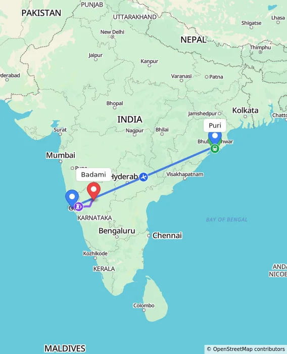Route map showing distance and travel time from Puri, India to Badami, India