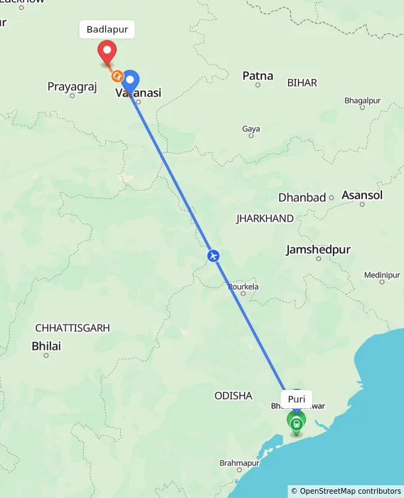 Route map showing distance and travel time from Puri, India to Badlapur, India
