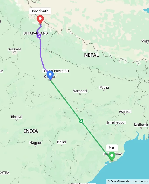 Route map showing distance and travel time from Puri, India to Badrinath, India