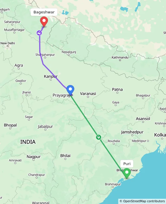 Route map showing distance and travel time from Puri, India to Bageshwar, India