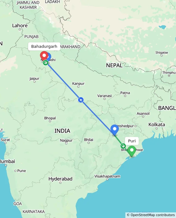 Route map showing distance and travel time from Puri, India to Bahadurgarh, India