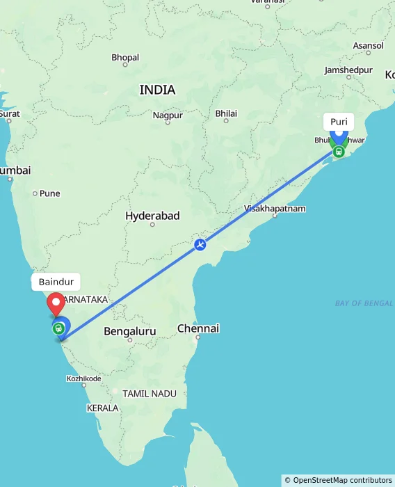 Route map showing distance and travel time from Puri, India to Baindur, India