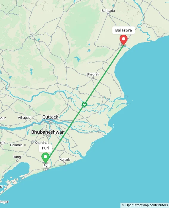 Route map showing distance and travel time from Puri, India to Balasore, India