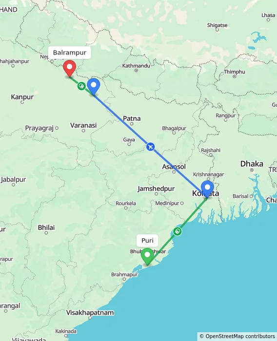 Route map showing distance and travel time from Puri, India to Balrampur, India