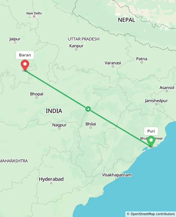 Route map showing distance and travel time from Puri, India to Baran, India