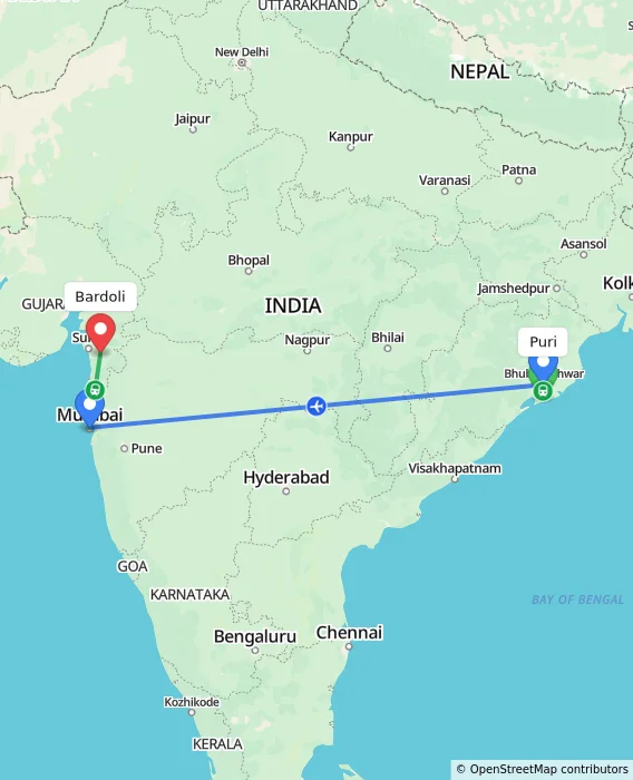 Route map showing distance and travel time from Puri, India to Bardoli, India