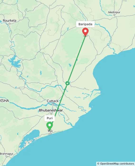 Route map showing distance and travel time from Puri, India to Baripada, India