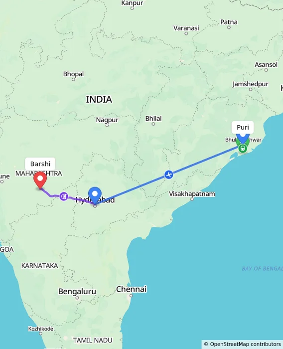 Route map showing distance and travel time from Puri, India to Barshi, India
