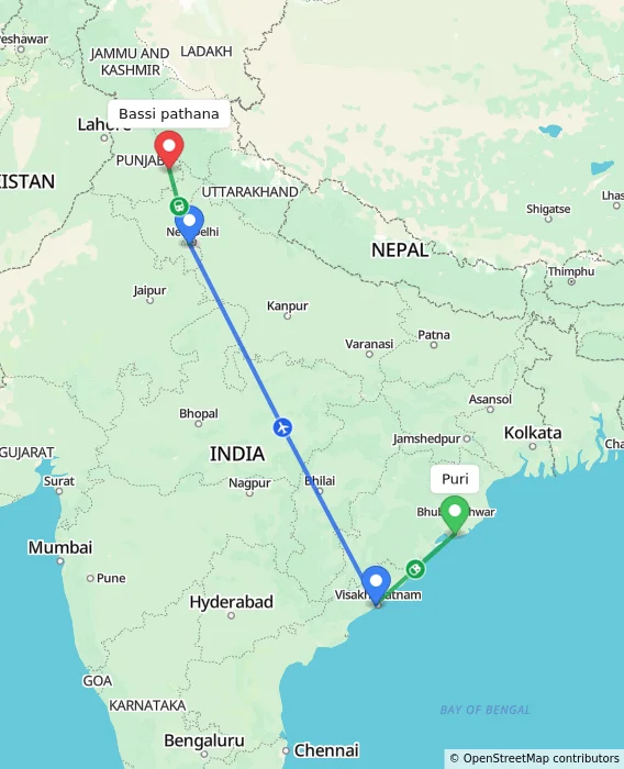 Route map showing distance and travel time from Puri, India to Bassi pathana, India