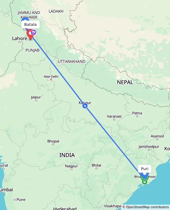 Route map showing distance and travel time from Puri, India to Batala, India