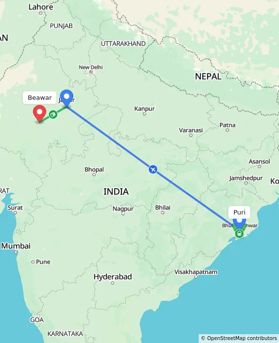 Route map showing distance and travel time from Puri, India to Beawar, India
