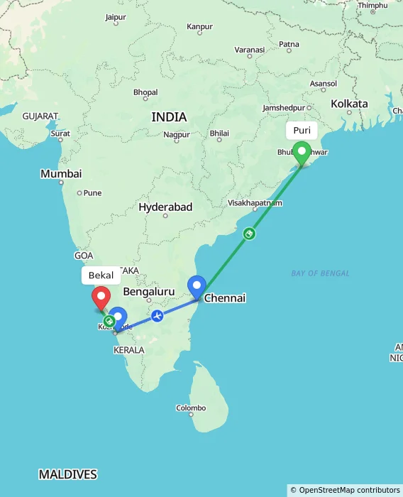 Route map showing distance and travel time from Puri, India to Bekal, India