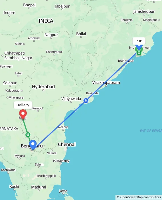 Route map showing distance and travel time from Puri, India to Bellary, India
