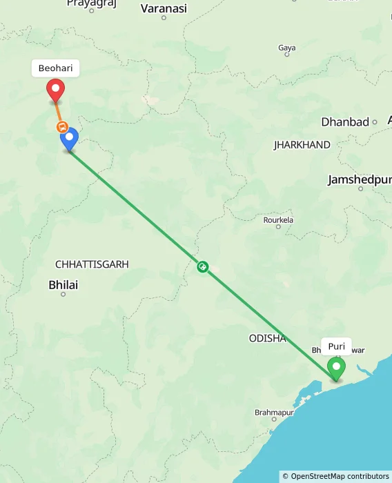 Route map showing distance and travel time from Puri, India to Beohari, India