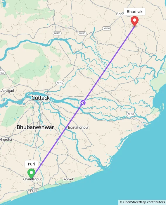 Route map showing distance and travel time from Puri, India to Bhadrak, India