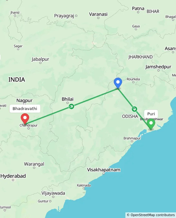 Route map showing distance and travel time from Puri, India to Bhadravathi, India