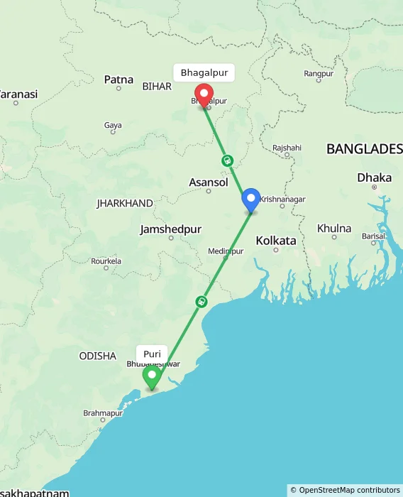 Route map showing distance and travel time from Puri, India to Bhagalpur, India