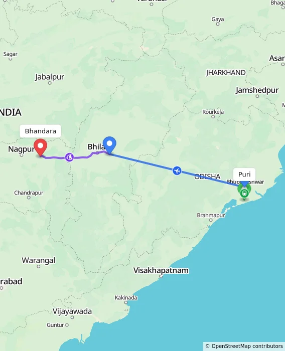 Route map showing distance and travel time from Puri, India to Bhandara, India