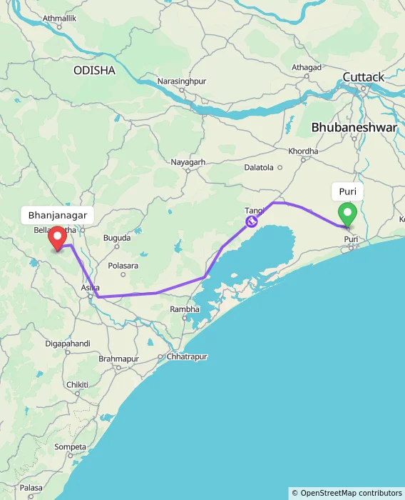 Route map showing distance and travel time from Puri, India to Bhanjanagar, India