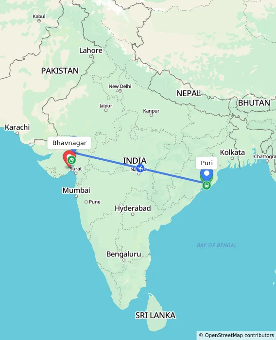 Route map showing distance and travel time from Puri, India to Bhavnagar, India