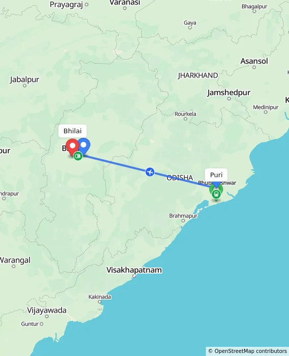 Route map showing distance and travel time from Puri, India to Bhilai, India