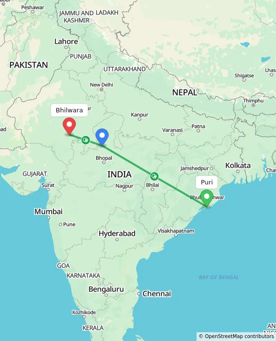 Route map showing distance and travel time from Puri, India to Bhilwara, India