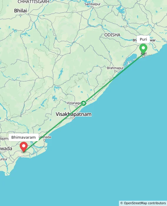 Route map showing distance and travel time from Puri, India to Bhimavaram, India